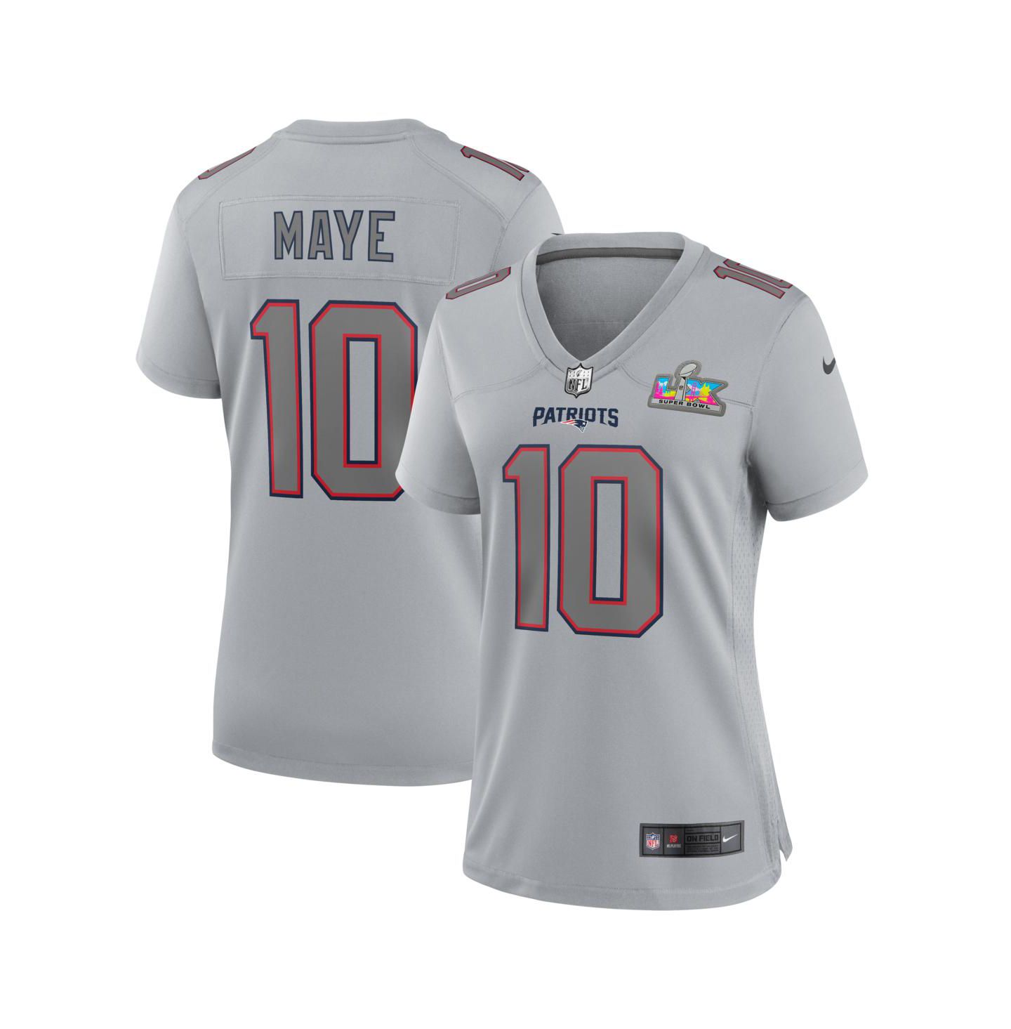 Женский топ Nike Drake Maye Silver New England Patriots Super Bowl LX Patch Atmosphere Fashion Game Jersey — фото 1