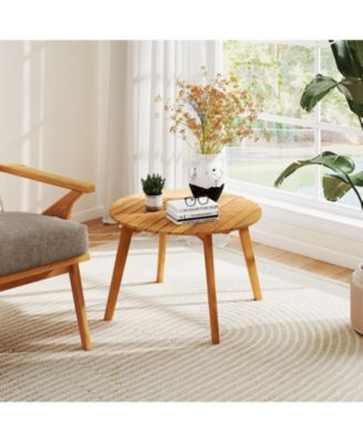 2PCS Outdoor Acacia Wood Side Table Patio 24.5'' Round End Table w/ Slatted Tabletop
