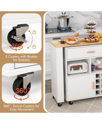 Reversible Folding Kitchen Island Cart with Wine Rack, Spice Rack, Rolling Wheels