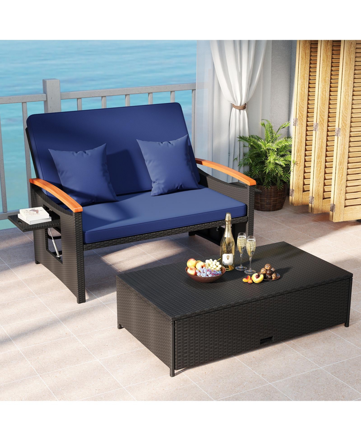 Gymax Patio Rattan Daybed Set w/Cushioned Loveseat & Storage Ottoman for Porch Outdoor