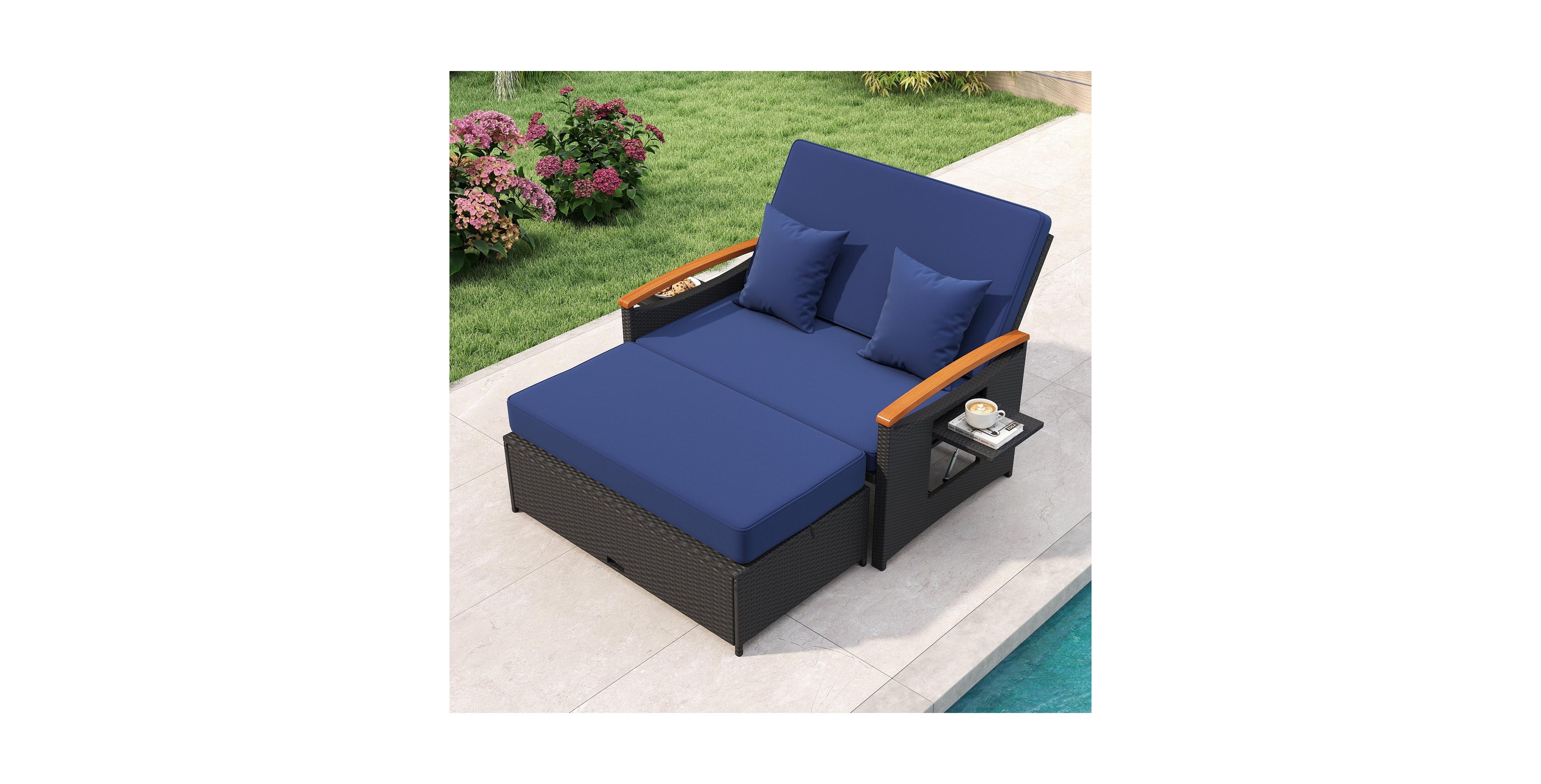 Gymax Patio Rattan Daybed Set w/Cushioned Loveseat and Storage Ottoman for Porch Outdoor