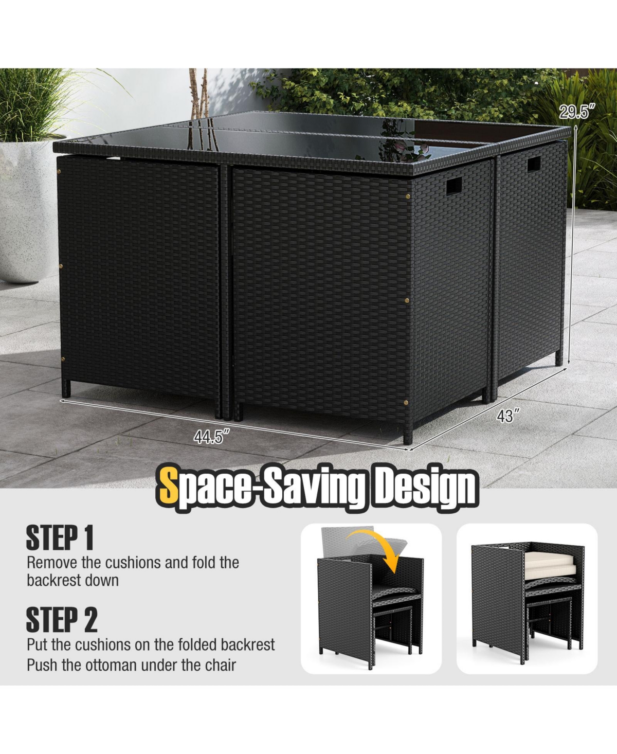 Gymax Set Of 9 Patio Dining Set w/Tempered Glass Table & Ottoman Removable Cushions