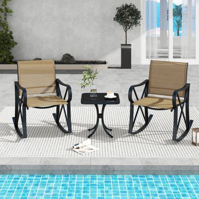 3 Piece Patio Rocking Set 2 Rocking Chairs w/ Tempered Glass Side Table