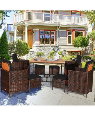 Set Of 9 Patio Rattan Dining Set Cushioned Chairs Ottoman Wood Table Top