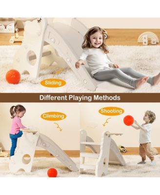 3-in-1 Foldable Toddler Slide with Climb & Basketball Hoop – Safe Triangle Structure