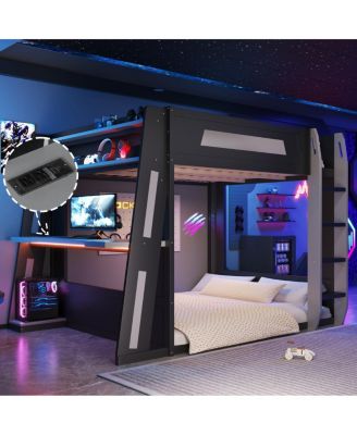 Queen Size Wooden Gaming Bunk Bed with Desk, USB & LED