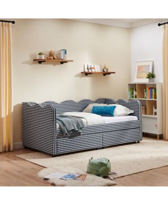 Twin Size Gingham Daybed with Storage Drawers, USB Port & Wave Shape