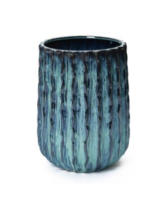 Verdant Rise Ribbed Ceramic Planter, Coastal Gradient Decorative Pot for Indoor/Outdoor Decor
