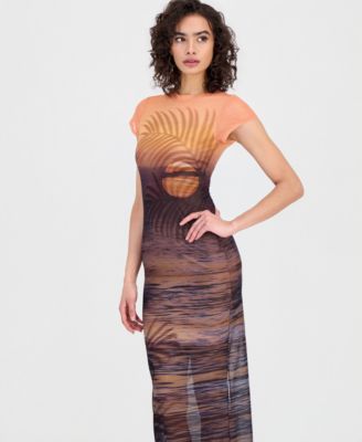 Women's Short-Sleeve Beach Sunset Mesh Maxi Dress