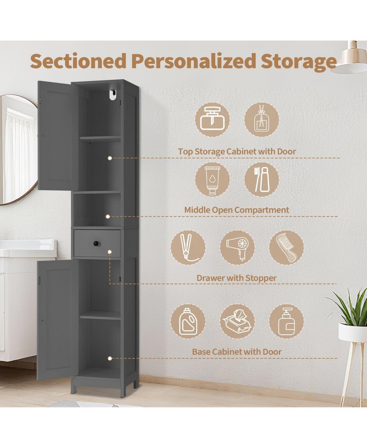 gaomon Tall Bathroom Cabinet, Freestanding with 2 Adjustable Shelves, Modern Storage for Bathroom, Kitchen & Hallway