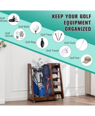 Golf Bag Storage Rack - Wooden Golf Clubs Organizer Fit 2 Golf Bags and Other Golfing Equipment Accessories for Garage, Club, Basement