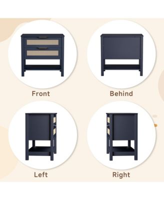 Rattan Nightstand - Bedside Table with 2 Drawers, Open Storage Shelf and Gold Drawer Handles for Bedroom, Living Room, Hallway