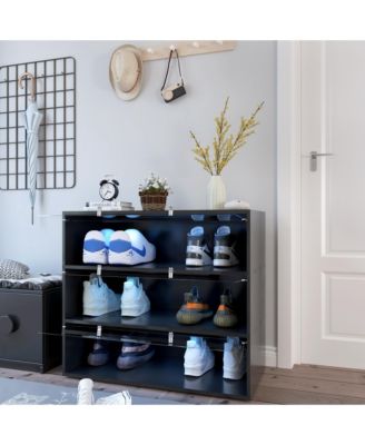 3-Tier Wooden Shoe Box, Stackable Sneaker Display Box with RGB LED Light, Shoe Storage Bin for Hallway and Entryway