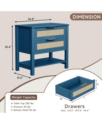 Rattan Nightstand - Bedside Table with 2 Drawers, Open Storage Shelf and Gold Drawer Handles for Bedroom, Living Room, Hallway