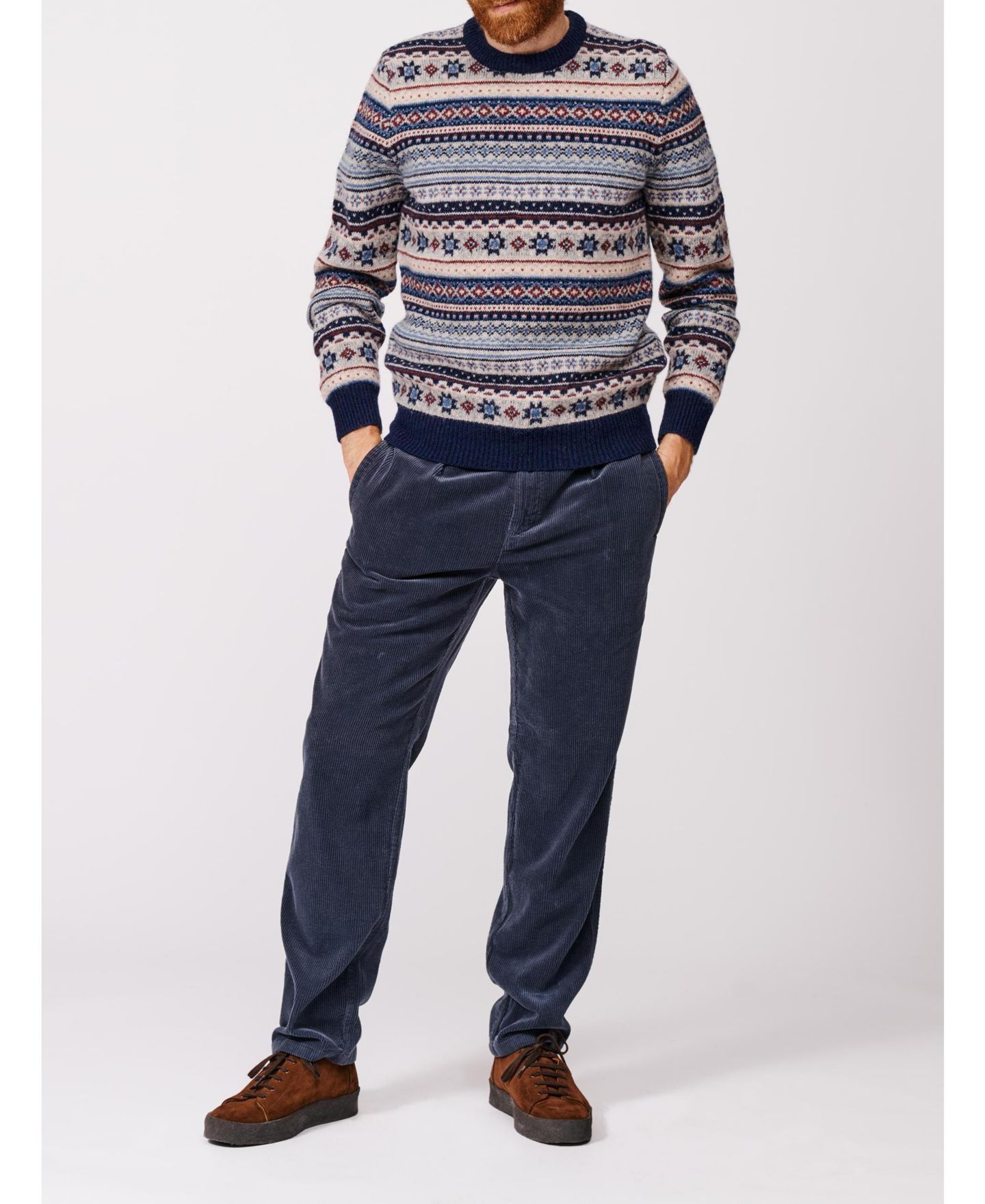 Мужской свитер Aubin Fair Isle Crew Neck Wool, цвет: Синий / Экрю — фото 8