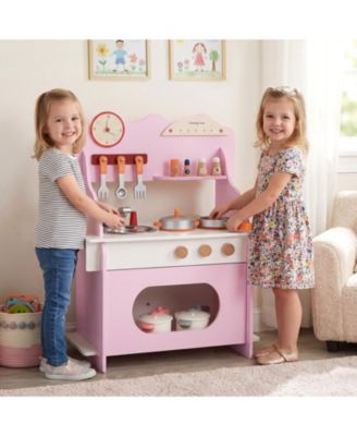 Wooden Play Kitchen Pretend Toy with Clock, Gift Set for Boys & Girls Ages 3