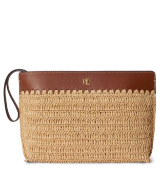 Leather-Trim Crocheted Straw Large Wallet
