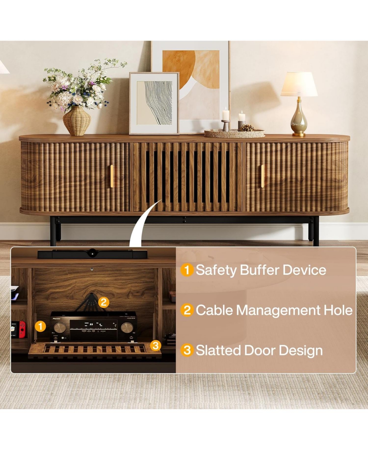 Tribesigns 70" Tv Stand for Tvs up to 80", Wood TV Console with Metal Legs & Sliding Doors, Entertainment Center, Walnut