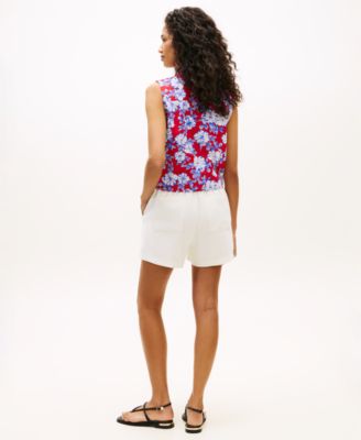 Women's Printed Poplin Knotted Collared Shirt