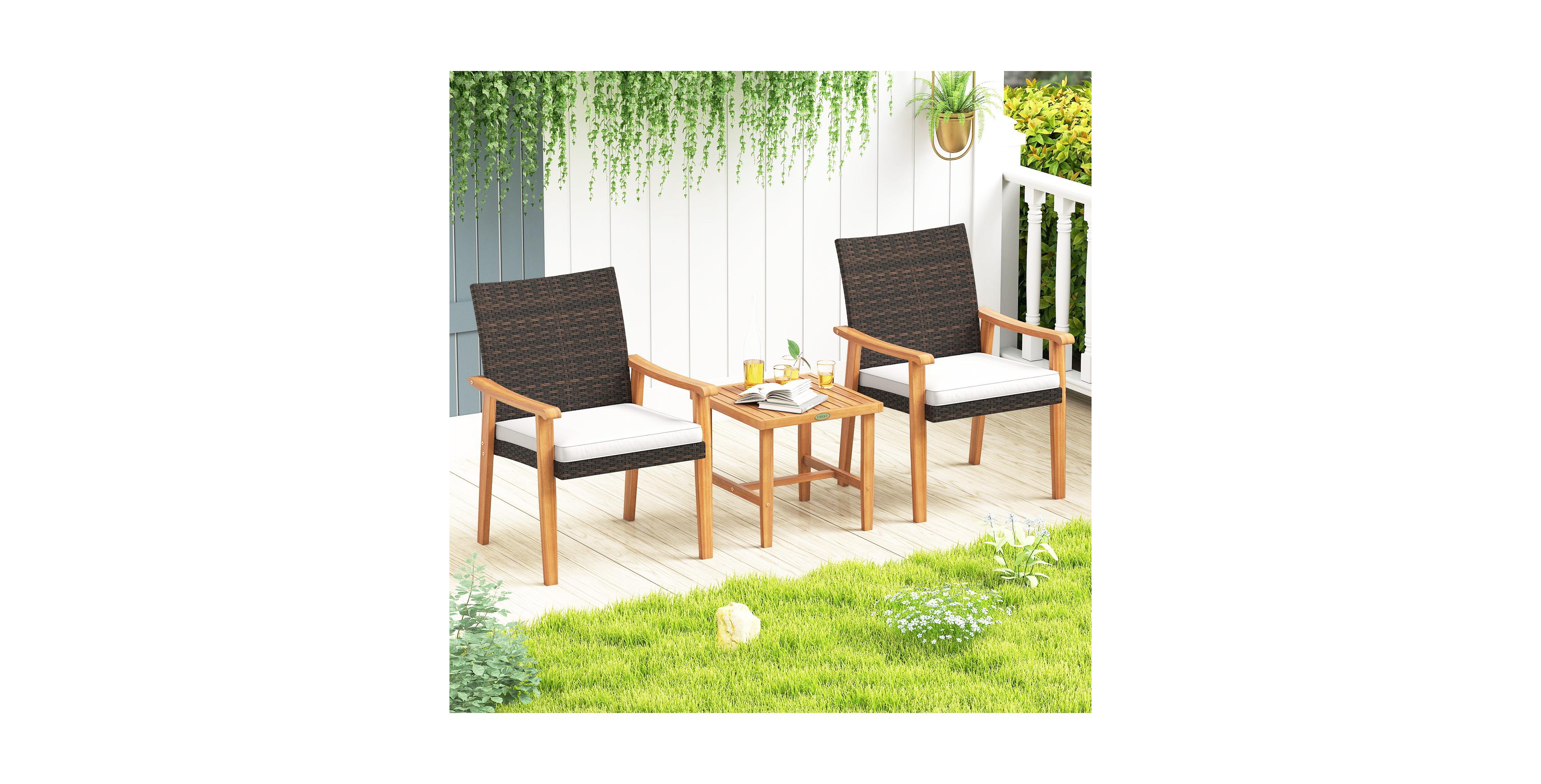 Gymax 3 Pcs Patio Pe Wicker Furniture Set w/Coffee Table and Cushions for Front Porch Outdoor