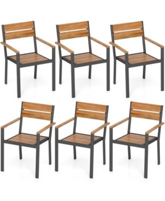 Patio Dining Chair set of 6 w/ Heavy-duty Metal Frame 6 Acacia Armrest Stackable Chairs