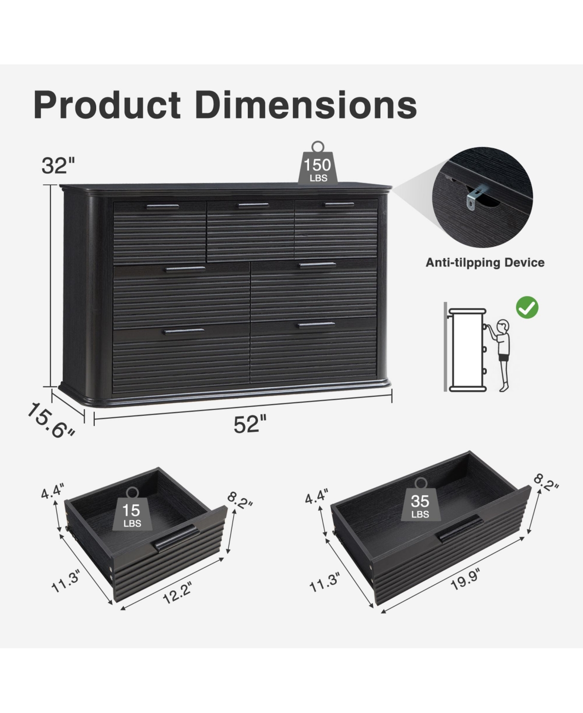 Rainsken Fluted 7 Drawer Dresser, Modern Wood Chest of Drawers with Curved Profile Design, Storage Organizer for Living Room and Bedroom