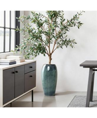 23-Inch Tall Blue Ceramic Planter, Decorative Round Pot for Plants & Flowers