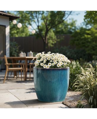 Forest Fade Ribbed Ceramic Planter, 11.8" Glossy Blue-Green Pot with Brown Rim