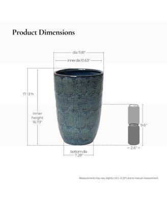 Ocean Grid Textured Ceramic Planter, 17" Tall, Decorative Pot with Raised Pattern