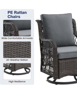3-Piece Outdoor Patio Bistro Set - PE Wicker 360° Swivel Glider Chairs with Thick Cushions and Tempered Glass Table