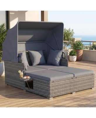 Patio Rattan Daybed Lounge Retractable Top Canopy Side Tables Cushions