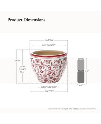 Red Floral Ceramic Planter, 17" Round, Indoor & Outdoor Garden Pot