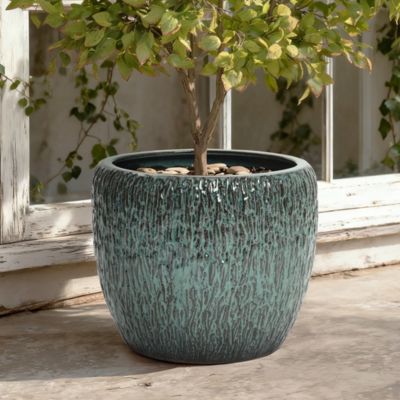 11.8-Inch Tall Round Ceramic Planter, Bark Texture with Glossy Glaze
