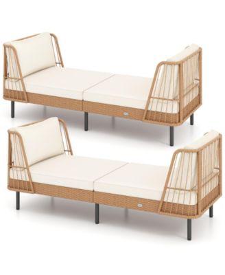 2PCS Patio Wicker Daybed w/Seat Back Cushions Robust Metal Legs For Backyard