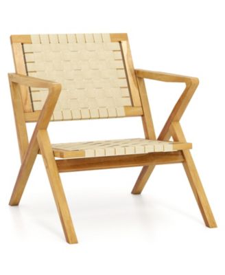 Teak Wood Patio Chair w/Webbing Seat & Backrest Mid-century Accent Chair