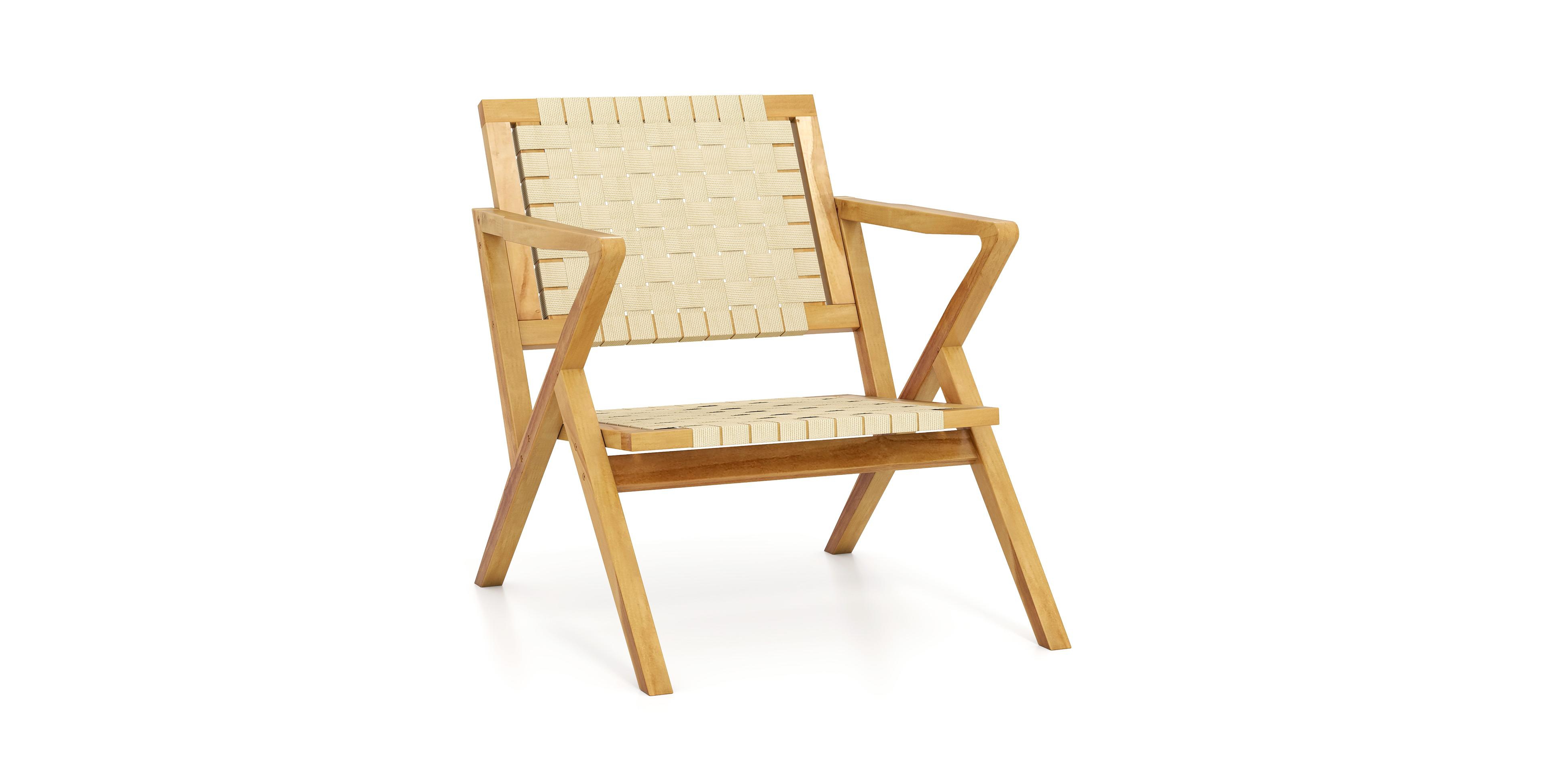 Gymax Teak Wood Patio Chair w/Webbing Seat and Backrest Mid-century Accent Chair
