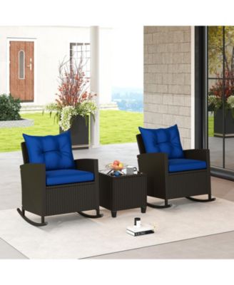 Set of 3 Wicker Rocking Set Tempered Glass Table Patio Outdoor
