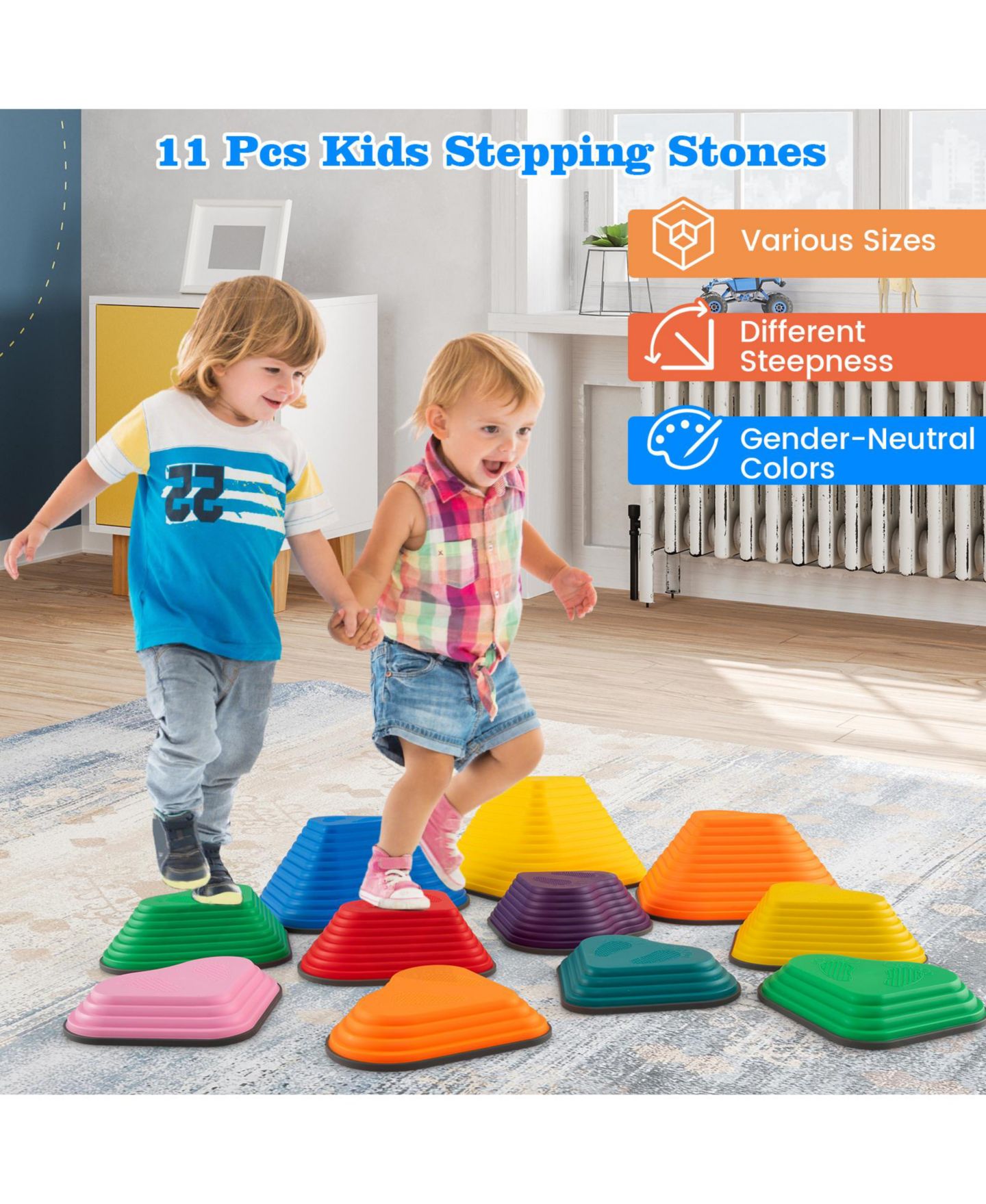 Детские игрушки Mecale 11-Piece Kids Steppingstones Stackable Non-Slip Blocks, Ages 3+, цвет: Жёлтый — фото 3