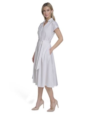 Women's Belted Cap-Sleeve Collared Midi Shirtdress