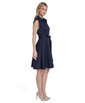 Women's Belted Button-Front Collared Fit-and-Flare Dress