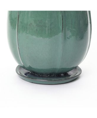 Glossy Gradient Teal Ceramic Planter, 13.4-Inch Tall Ridged Container with Connected Tray