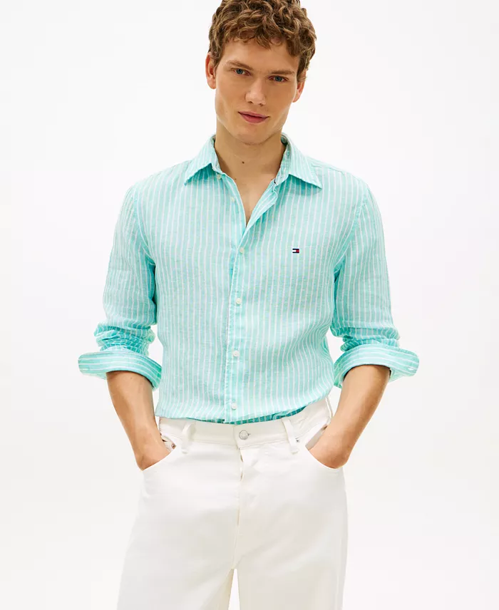 Men's 100% Linen Bengal Stripe Shirt