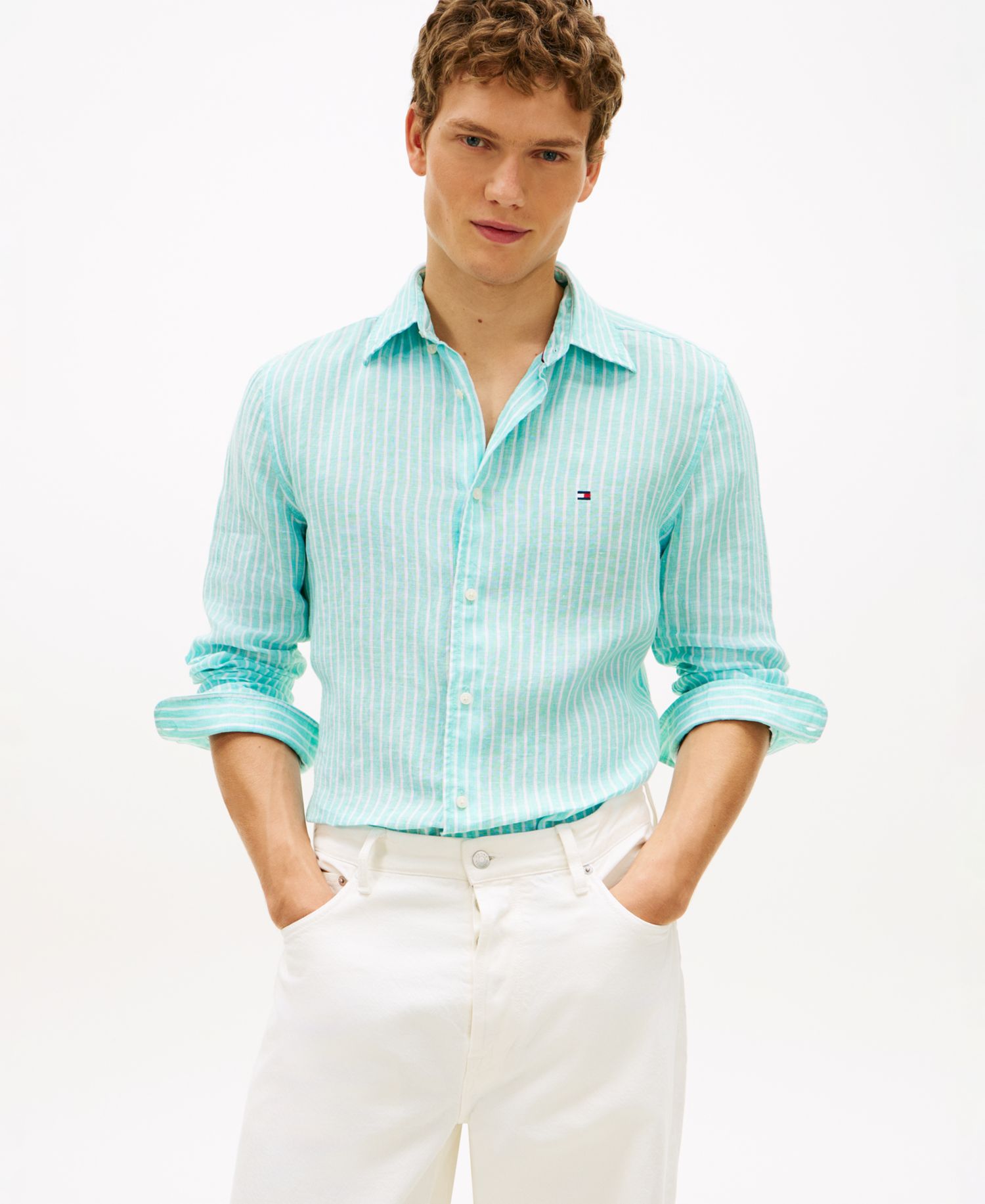 Men's 100% Linen Bengal Stripe Shirt