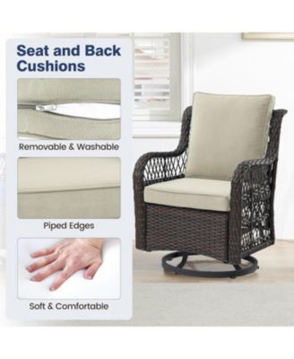 3-Piece Outdoor Patio Bistro Set - PE Wicker 360° Swivel Glider Chairs with Thick Cushions & Tempered Glass Table, Brown Rattan Furniture