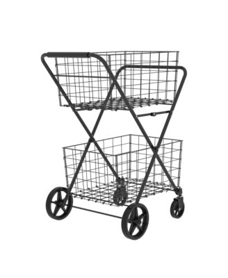 2 Layers Grocery Cart on Wheels, Extra Jumbo Foldable Shopping Cart with 2 Removable Baskets and Waterproof Liner for Camping