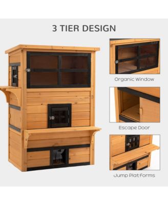 3-Tier Outdoor Feral Cat House with Escape Door & Asphalt Roof