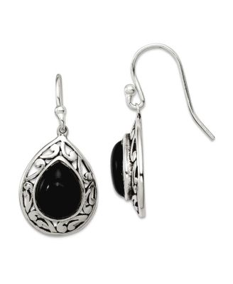925 Sterling Silver Oxidized Rhodium-Plated Teardrop Simulated Onyx Filigree Boho Hook Earrings