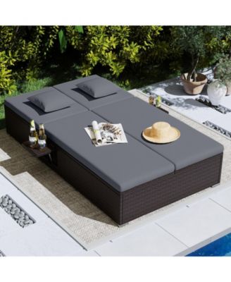 Patio Daybed PE Wicker Double Chaise Lounge Adjustable Backrests Outdoor