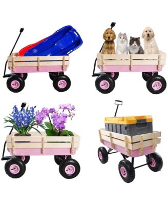 Heavy Duty Rolling Garden Wagon - Utility Cart with Wooden Side Panels, Air Tires Pulling and Wide Grip Handle for Grocery