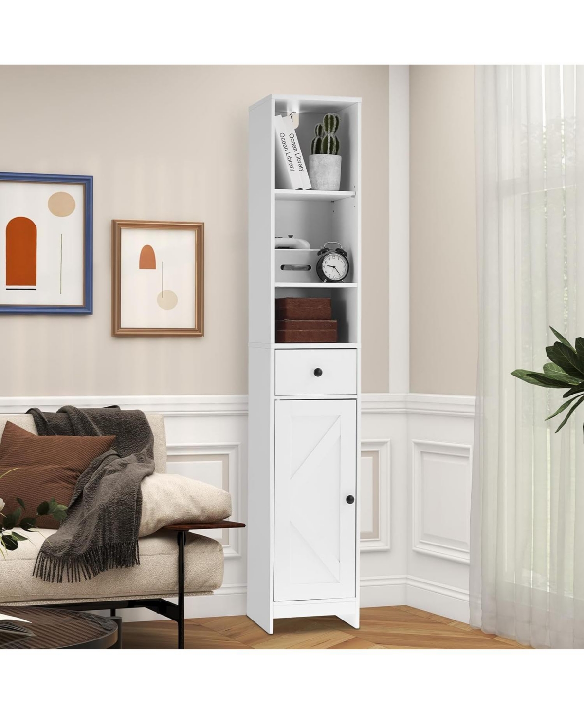 gaomon Tall Bathroom Storage Cabinet, Freestanding with Drawer, Door & Open Shelf, Organizer for Bathroom, Kitchen, Living Room